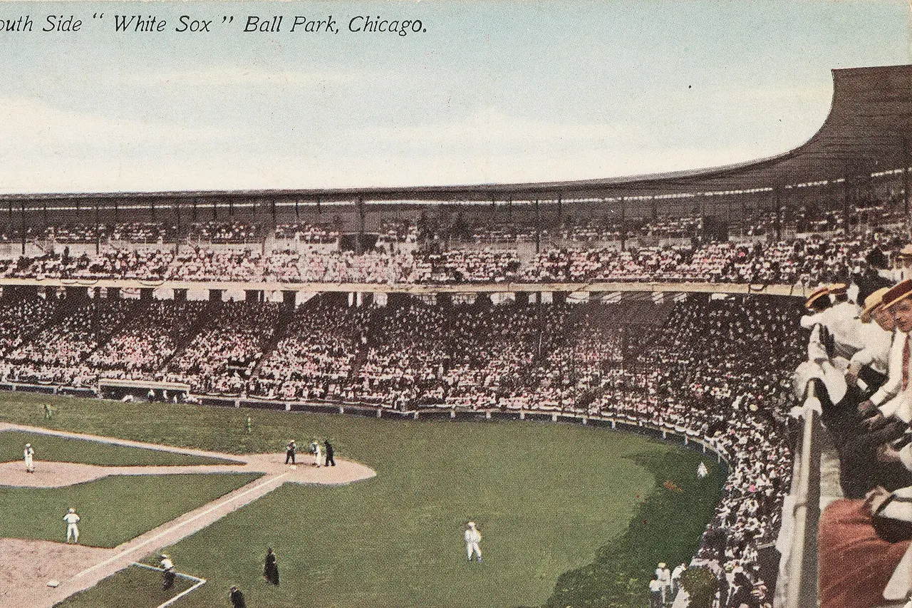 From the University of Maryland Digital Collections website: "Crowds fill the stands at the South Side baseball park, home of the White Sox, as they watch a baseball game, Chicago, Illinois, circa 1907-1913. Postcard number: 506."