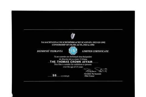 An official document proving the following film has been passed for viewing by the Irish Film Censor's Office.