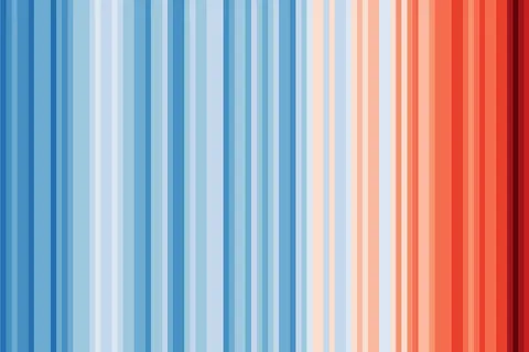 Warming stripes graphic depicting annual mean global temperatures (1850-2018, from World Meteorological Organization data)), said in the reference to have been produced for the World Meteorological Organisation (WMO) provisional State of the Climate report General notes: Credit for general concept of warming stripes : climate scientist Ed Hawkins, University of Reading , U.K. Data values are visualized using color rather than locations of points on a graph. Horizontal scale is time, from 1850 (left) to 2018 (right). Data is global (not for a locality). This is an early, original chart from Dr. Hawkins, and should not be updated as the years pass. Update: newer versions of the warming stripes under more permissive CC‑BY‑4.0 licensing available here: showyourstripes.info