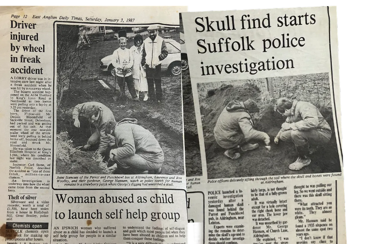 This is page 12 of a newspaper report from January 3 1987 in the East Anglian Daily Times. It includes quotes from joint licences of The Parrot and Punchbowl: Laurence Woolley and Ros Woolley. It also includes quotes from George Hannam, gardener at the pub who discovered the skull in a strawberry patch.