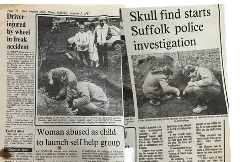 This is page 12 of a newspaper report from January 3 1987 in the East Anglian Daily Times. It includes quotes from joint licences of The Parrot and Punchbowl: Laurence Woolley and Ros Woolley. It also includes quotes from George Hannam, gardener at the pub who discovered the skull in a strawberry patch.