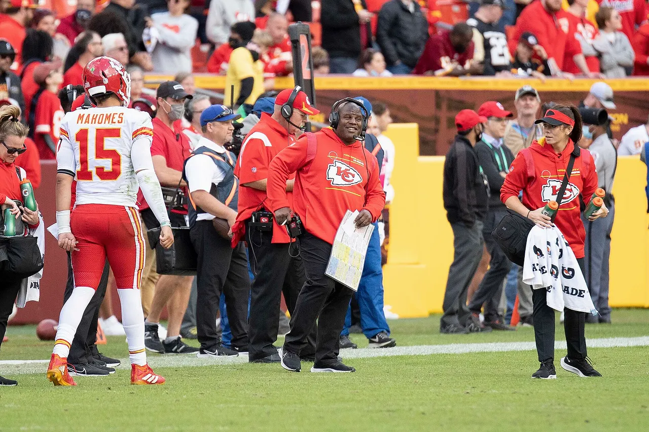 Kansas City Chiefs offensive coordinator, Eric Bieniemy, in a game against the Washington Football Team at FedEx Field in Landover, Maryland on October 17, 2021.