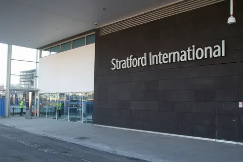Stratford International station entrance, a few days after opening for (initial) Southeastern High-Speed domestic services.