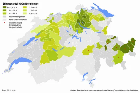 Geographical overview on the votes share of the Green Liberal Party in the districts.