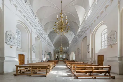 The interior of Šiauliai Cathedral looking east in Šiauliai, Lithuania.