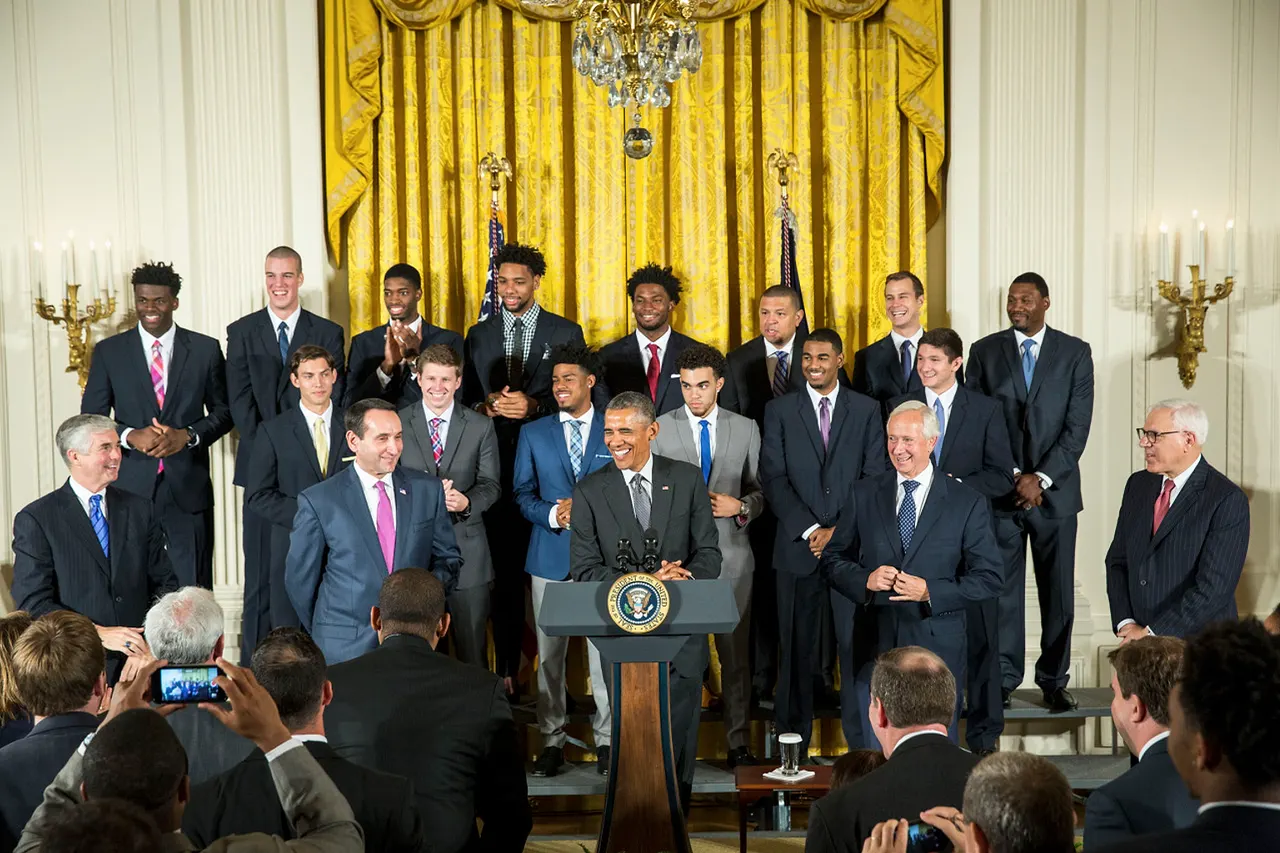 President Barack Obama delivers remarks welcoming the NCAA Champion Duke University Blue Devils men’s basketball team to honor the team and their 2015 NCAA Championship victory, during a ceremony in the East Room of the White House, Sept. 8, 2015. (Official White House Photo by Amanda Lucidon)