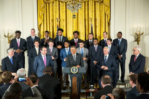 President Barack Obama delivers remarks welcoming the NCAA Champion Duke University Blue Devils men’s basketball team to honor the team and their 2015 NCAA Championship victory, during a ceremony in the East Room of the White House, Sept. 8, 2015. (Official White House Photo by Amanda Lucidon)