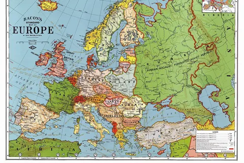 Bacon's standard map of Europe, 1923. Relief shown by hachures and spot heights. Shows steamship routes and time zones. Published by Weber Costello Co., 84 x 111 cm. Scale 1:5,500,000 (W 52°--E 80°/N 60°--N 30°).