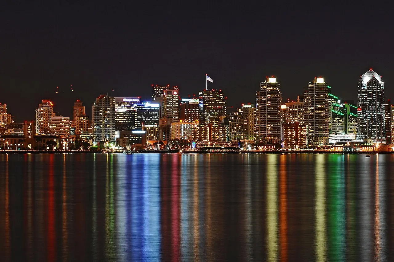 Night shot profiling the Colors and Lights of the Downtown Sky. Night Shot, Long Exposure. San Diego, California.