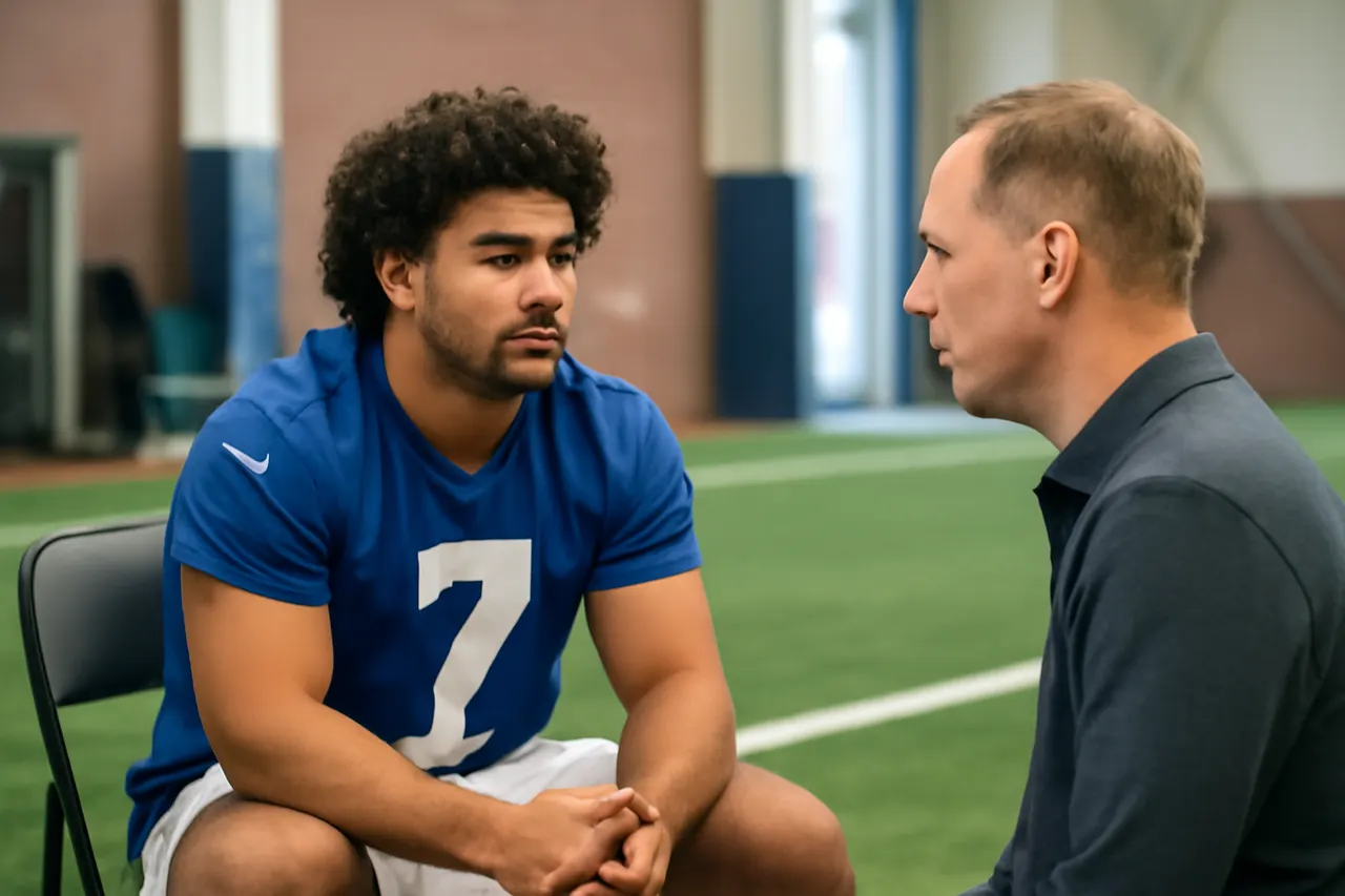 Grounded editorial scene illustrating New York Giants running back Cam Skattebo was reportedly advised by coach John Harbaugh and GM Joe Schoen to limit his backflips following concerns over injury risks.