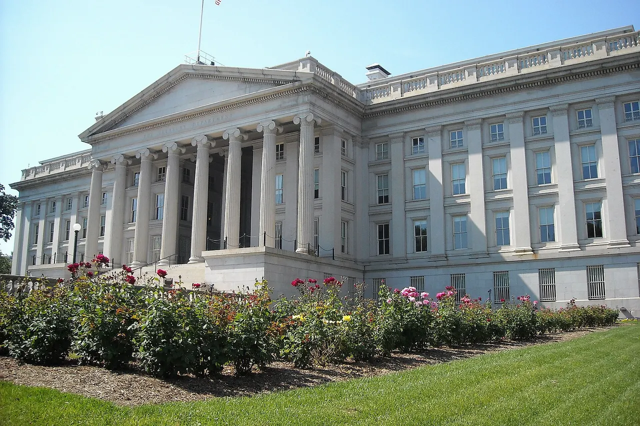 Rear view of the Treasury Department building in Washington, D.C. The building is a National Historic Landmark.