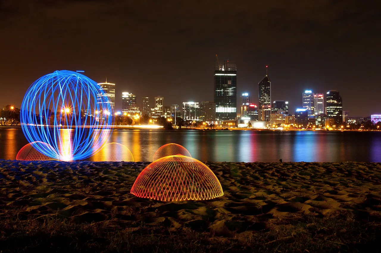 Light painting , orb and domes on the bank of the Swan River, Perth, Western Australia.