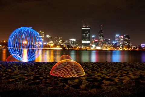 Light painting , orb and domes on the bank of the Swan River, Perth, Western Australia.
