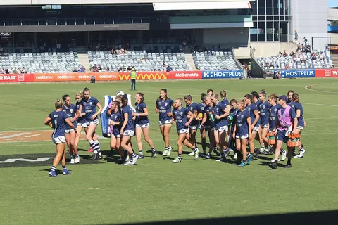 Geelong AFLW team during a match against Carlton at Kardinia Park in round 4 of the 2019 AFL Women's season.
