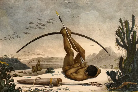 An Indian lying down displaying his extreme skill in handling the bow and arrow. It occupies the center of the image, however, a little distant, stands another Indian in the same position and, farther back, a third archer, standing, also shoots his arrow in the wild and natural landscape, in which no sign of colonizers can be identified. If the image (nudity, use of indigenous weapons, wild landscape) could suggest that we are in front of a "wild Indian", the title of the painting of Caboclos or civilized Indians and the text to which it corresponds, Village of São Lourenço, leave no doubt about the classification given by Debret to the characters: these are caboclos - "civilized Indians", generic name that, in the province of Rio de Janeiro, was given to "every civilized and baptized Indian." The archer was the object of Debret's gaze, a caboclo of São Lourenço, who lived in intense contact with colonial society, yet maintained his skill with the bow and arrow and placed himself in that manner to attract the admiration of foreign travelers. According to the description, it was common to find them among the civilized of the villages, Indian archers, perhaps disdainful, interested in exhibiting their dexterity to the strangers who passed by. If that was the goal, it seems to have been achieved, at least with Debret. The cited text evinces the admiration of the artist for the Indian's ability, evidence reinforced by the option to portray him, associating it in the text about the village of São Lourenço