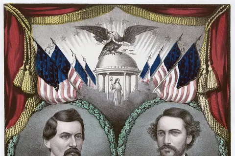 United States Democratic presidential ticket, 1864. Print shows a campaign banner, almost identical to the "Grand National Union Banner" (no. 1864-13) except for the inclusion of portraits of Democratic candidates George B. McClellan and George H. Pendleton , two additional flags above the portraits, and a vignette below of a busy harbor near a shore crowded with signs of prosperity, including factories, a locomotive, and a hay-wain. Also introduced in this version are clasped hands below the portraits. 1 print on wove paper : lithograph with watercolor ; image 32.5 x 22.6 cm. Candidates were selected at the 1864 Democratic National Convention in Chicago .