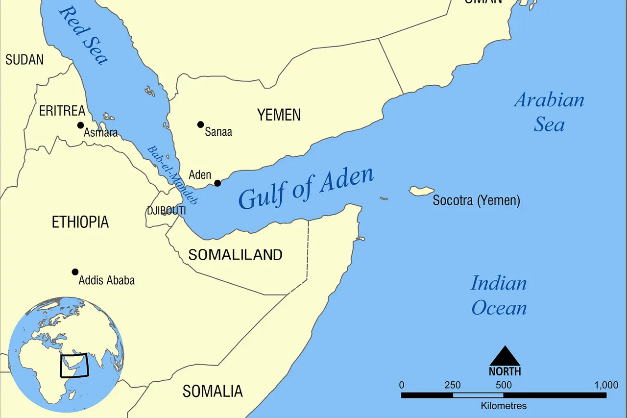 Map showing the location of the Gulf of Aden, located between Yemen and Somalia. Nearby bodies of water include the Indian Ocean, Red Sea, Arabian Sea, and the Bab-el-Mandeb Strait.