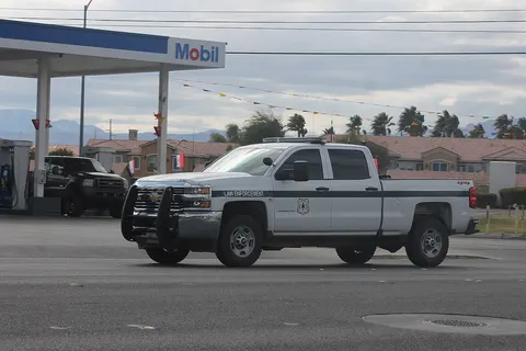 A Chevrolet Silverado 2500 HD of the United States Forest Service driving eastbound on West Lone Mountain Road in Las Vegas, Nevada.