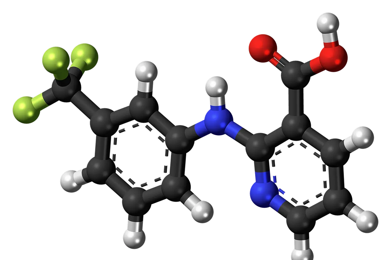 Ball-and-stick model of the niflumic acid molecule, a non-steroidal anti-inflammatory drug . Color code: Carbon, C: black Hydrogen, H: white Nitrogen, N: blue Oxygen, O: red Fluorine, F: yellow-green