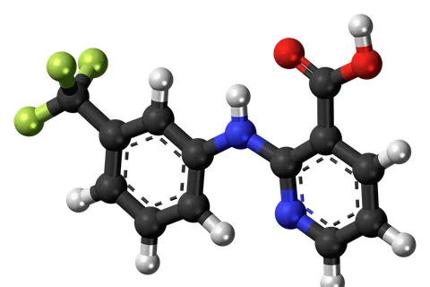 Ball-and-stick model of the niflumic acid molecule, a non-steroidal anti-inflammatory drug . Color code: Carbon, C: black Hydrogen, H: white Nitrogen, N: blue Oxygen, O: red Fluorine, F: yellow-green