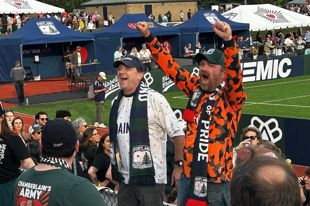 Troy Jackson and Graham Platner at a Portland Hearts of Pine match on September 27, 2025.
