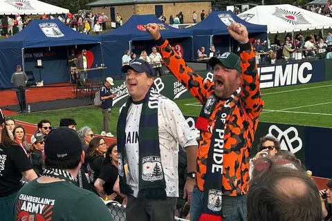 Troy Jackson and Graham Platner at a Portland Hearts of Pine match on September 27, 2025.