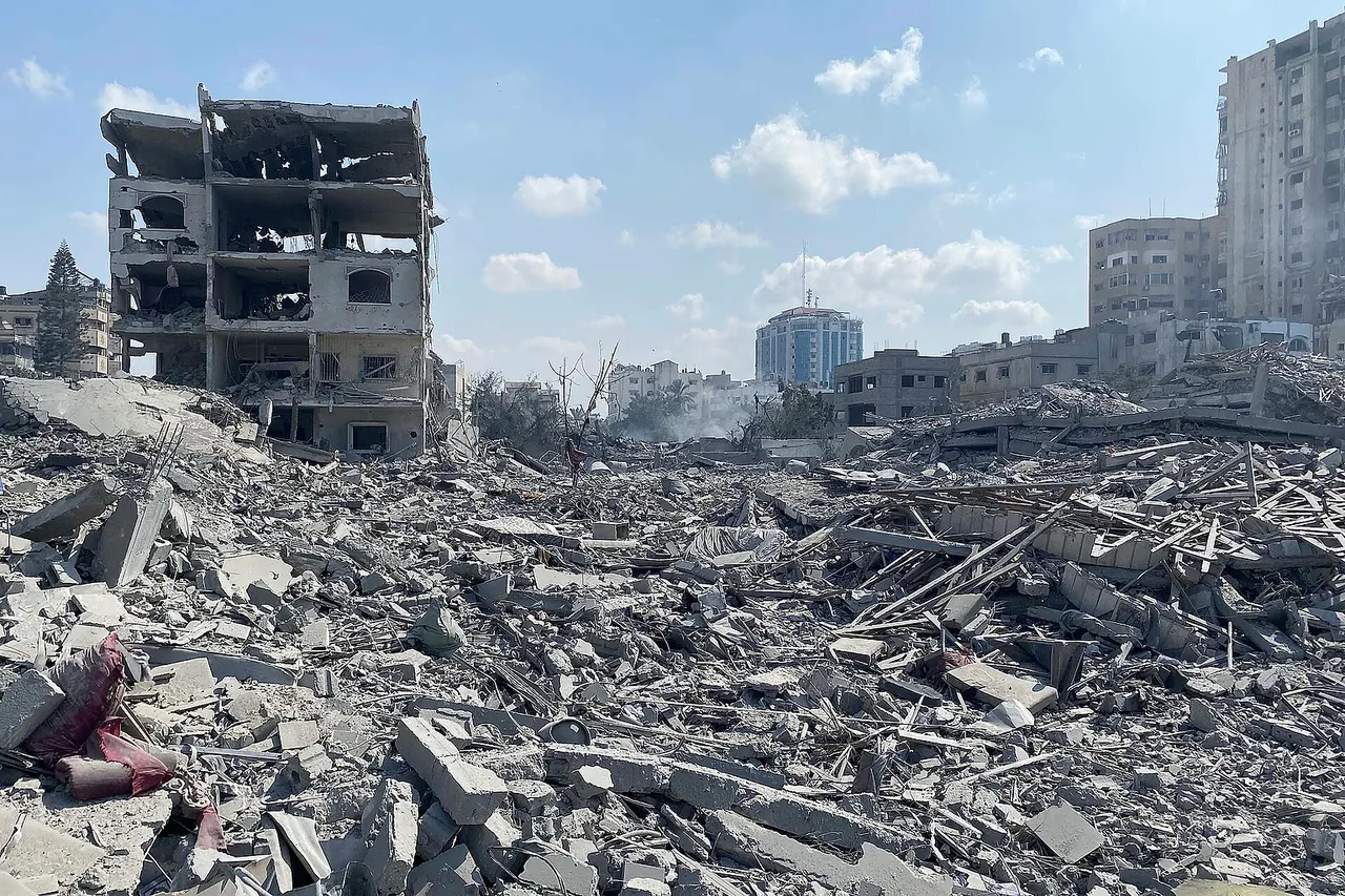Damage to residential buildings in the Rimal neighborhood of Gaza City, caused by an Israeli airstrike on October 9, 2023.