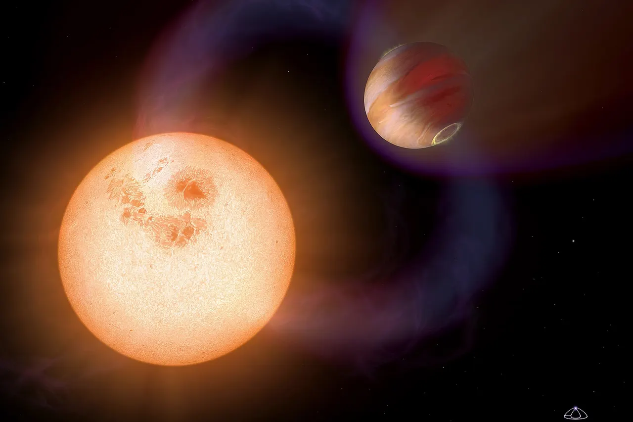 This is an artist's impression of a unique type of extrasolar planet discovered with the Hubble Space Telescope. The planet is so close to its star that it completes an orbit in 10.5 hours. The planet is only 750,000 miles (about 1.207 Million kilometres) from the star, or 1/130th the distance between Earth and the Sun. The Jupiter-sized planet orbits an unnamed red dwarf star that lies in the direction of the Galactic Centre; the exact stellar distance is unknown. Hubble detected the planet in a survey that identified 16 Jupiter-sized planets in short-period, edge-on orbits (as viewed from Earth) that pass in front of their parent stars. Hubble could not see the planets, but measured the dimming of starlight as the planets passed in front of their stars. This illustration presents a purely speculative view of what such a "hot Jupiter" might look like. It could have a powerful magnetic field that traps charged particles from the star. These particles create glowing auroral rings around the planet's magnetic poles. A powerful magnetic flux tube links the planet and star. This enhances stellar activity and triggers powerful flares. A powerful stellar wind creates a bow shock around the planet. The planet's atmosphere seethes at 1,650 degrees Celsius.