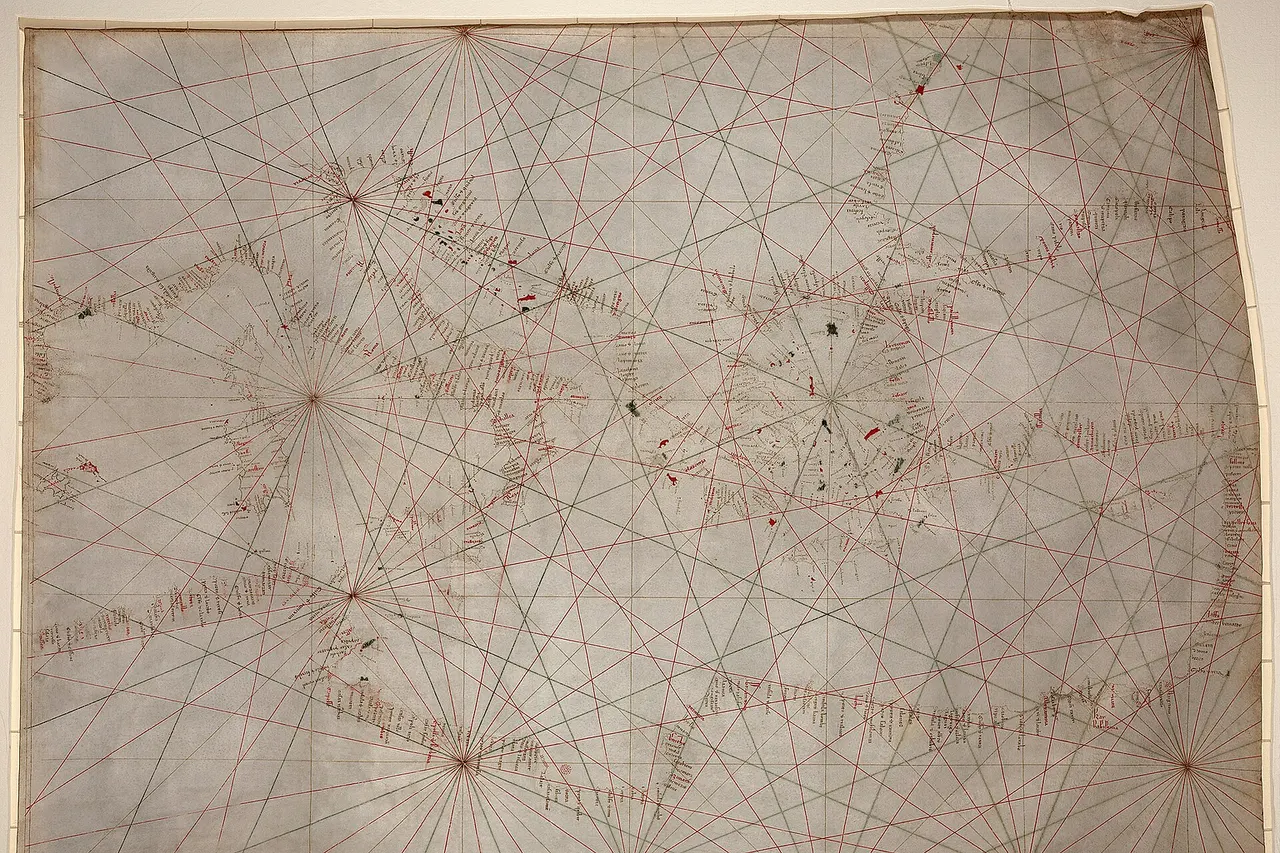 Anonymous nautical chart in portolan style probably drawn in Genoa. Covers Mediterranean Sea from the Balearic Islands to the Levantine coast; also covers western part of Black Sea. Oldest original cartographic artifact in the Library of Congress. Title from printed label on box in which the map is housed. Pen-and-ink (red/green/brown). Matted and mounted between sheets of transparent lucite. Sheet cut into the shape of an irregular rectangle. Imperfect: Vertically fold-lined at center, cracked, annotated in pencil on verso. Includes bar scale with unidentified divisions. The green rhumb lines on the recto are also visible on the verso. Scale [ca. 1:5,500,000].