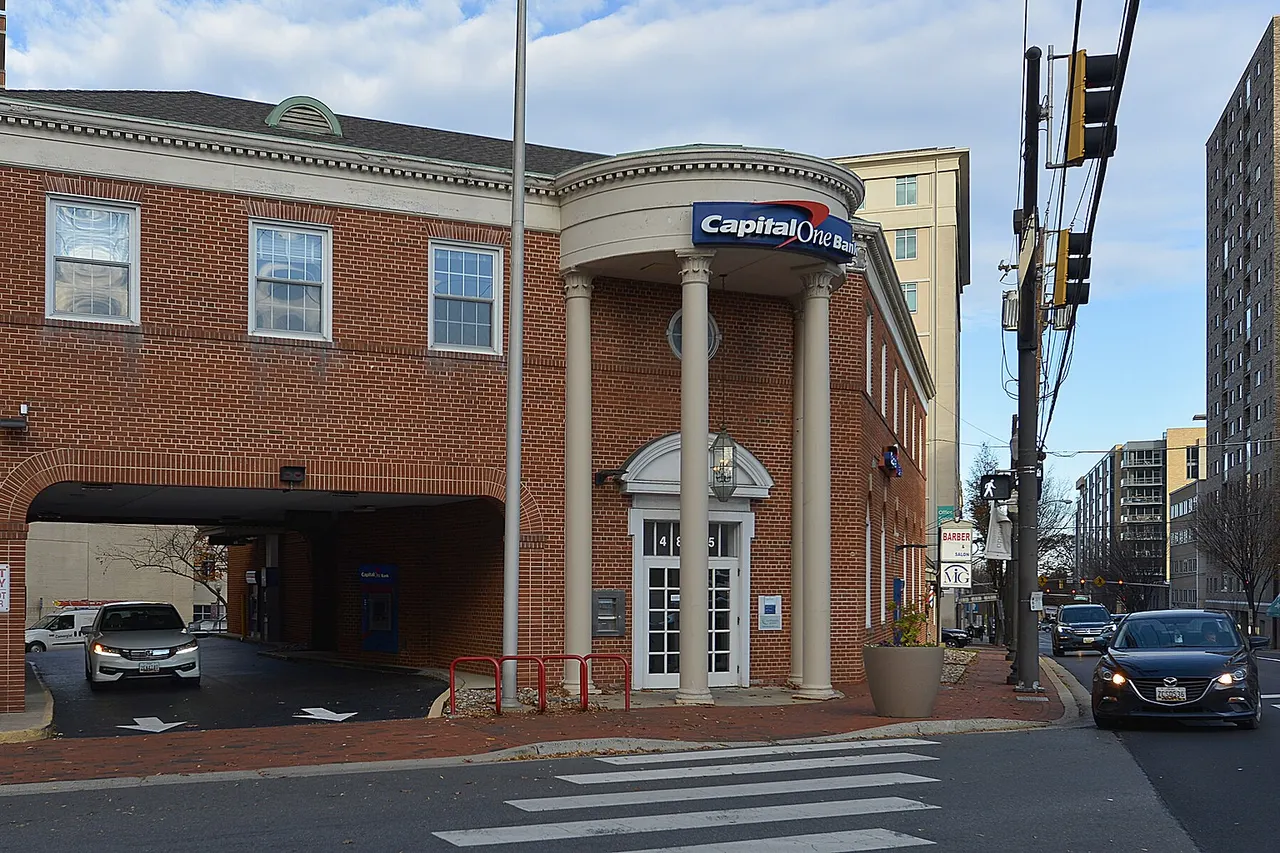 The two story brick building that houses a Capital One bank branch. 4825 Cordell Avenue Bethesda, Maryland 20814.