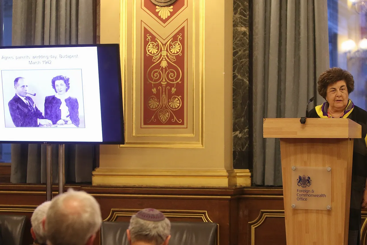 Agnes Grunwald-Spier, Holocaust Survivor and author speaking at the Commemoration of Holocaust Memorial Day event at the Foreign & Commonwealth Office in London, 26 January 2016.