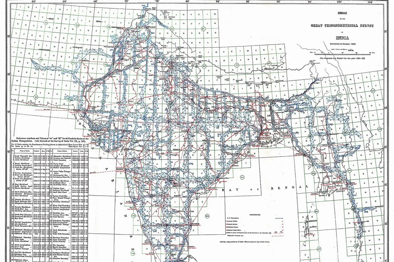 Index to the Great Trigonometrical Survey of India (1922). India is shown on a 1-degree grid of green lines. The blue triangles indicate the Great Trigonometrical w:triangulation measurements. Triangulation series are indicated by a number in parentheses. These series are described in the table at the bottom left. The red dash-dot lines are telegraph longitude area . Among the many accomplishments of the Survey were the demarcation of the British territories in India and the measurement of the height of the Himalayan giants: Everest , K2 , and Kanchenjunga .