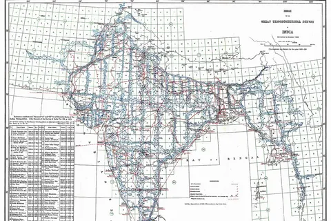 Index to the Great Trigonometrical Survey of India (1922). India is shown on a 1-degree grid of green lines. The blue triangles indicate the Great Trigonometrical w:triangulation measurements. Triangulation series are indicated by a number in parentheses. These series are described in the table at the bottom left. The red dash-dot lines are telegraph longitude area . Among the many accomplishments of the Survey were the demarcation of the British territories in India and the measurement of the height of the Himalayan giants: Everest , K2 , and Kanchenjunga .