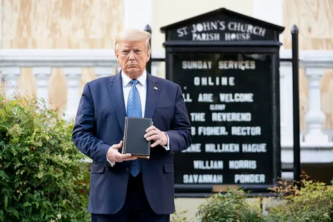 President Donald J. Trump walks from the White House Monday evening, June 1, 2020, to St. John’s Episcopal Church, known as the church of Presidents’s, that was damaged by fire during demonstrations in nearby LaFayette Square Sunday evening. (Official White House Photo by Shealah Craighead)