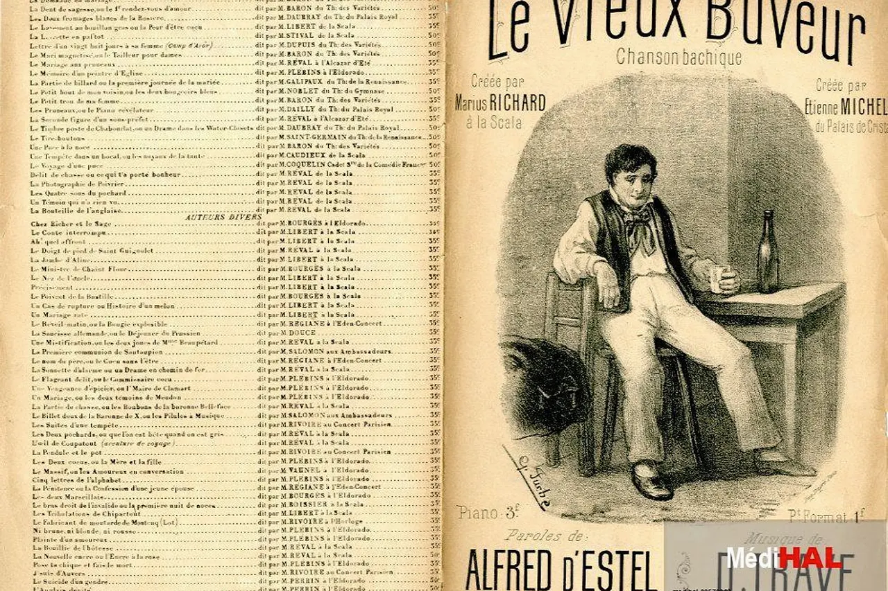 The old drinker: Bacchic song created by Marius Richard at La Scala, created by Etienne Michel of the Palais de Cristal; (dedication) “To our friend Henry of the Palais de Cristal”; illustration G. Fuchs [Gustave Fuchs (1856-19..)]; lyrics Alfred d'Estel; music D. Trave; Bassereau publisher, 240 rue Saint-Martin, Paris; Dupré printing; [interior: identical (departure, artists, dedication, publisher); rating BB1370; Gadin engraving; Dupré printer]; catalogue “Comic monologues by Villemer” (medihal-00559969 dating 1889 by online catalogue on gallica https://gallica.bnf.fr/ark:/12148/bpt6k11815472 ); incipit “To drink: to drink! to drink: Hôla from the cabaret!”; dating (title and copy) 1888 by BNF deposit. [Médihal March 1, 2011 deposit V1, notice updated July 15, 2018]