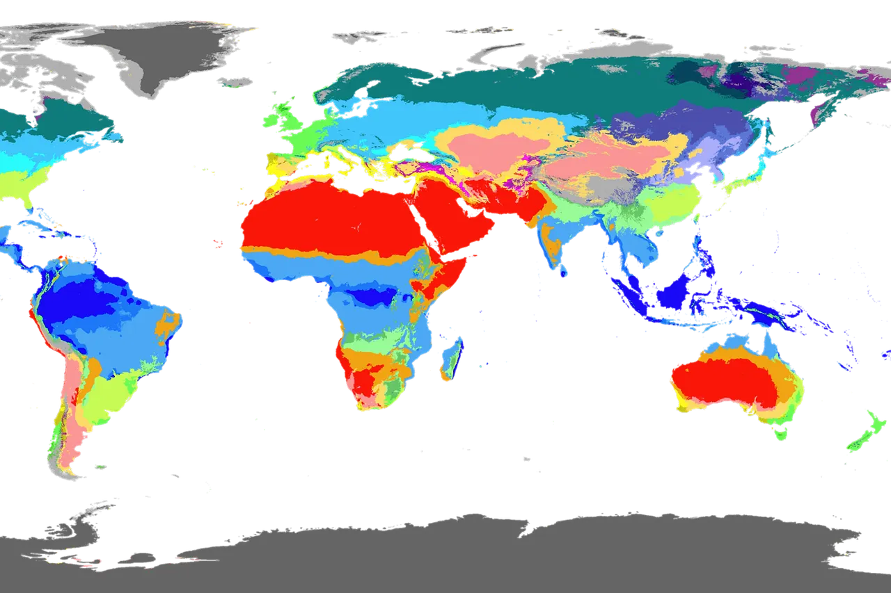 An equirectangular world map showing the Köppen-Geiger climate classifications between 1980 and 2016.
