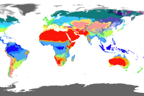 An equirectangular world map showing the Köppen-Geiger climate classifications between 1980 and 2016.