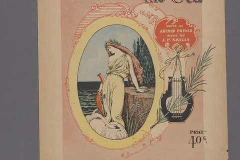 * Summary: The narrator is fond of blossoms which serve as a reminder of home. Chorus arranged for 4-part chorus (soprano, alto, tenor, bass). Cover drawing shows a woman leaning against a rock by the sea, a lyre partially hidden at her right side, with two geese at her feet. Statement of responsibility : words by Arthur French ; music by J.P. Skelly.