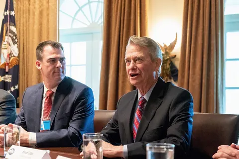 Governor-elect Brad Little, R- Idaho, joins President Donald J. Trump and Vice President Mike Pence, in the Cabinet Room of the White House Thursday, Dec. 13, 2018, during a discussion with Governors-Elect from around the nation. (Official White House Photo by Shealah Craighead) Note: Governor-elect Kevin Stitt, R- Oklahoma, pictured on left.