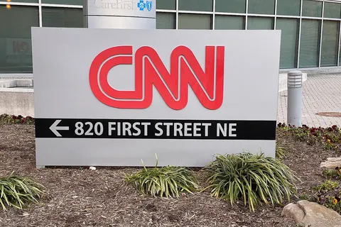 The sign for CNN television network at 820 First St NW in Washington, DC