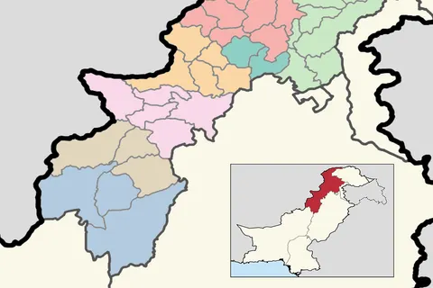 This is a map showing each and every district of Khyber Pakhtunkhwa. The map is accurate as of September 30, 2020 and has been made using data from the Pakistan Bureau of Statistics and UN OCHA's HumData Database (which citypopulation.de uses). Each color depicts a different administrative division (higher than a district but lower than a province). The same map with each district's name shown can be found here . A map showing every district in Pakistan can be found here . A category full of these maps listed nicely can be found here .