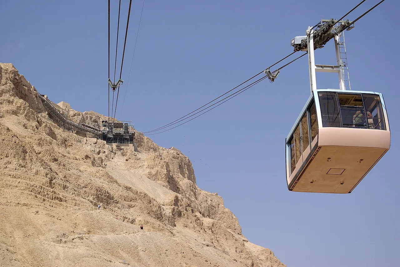 Photo of the aereal Ropeway leading to Masada in Israel .