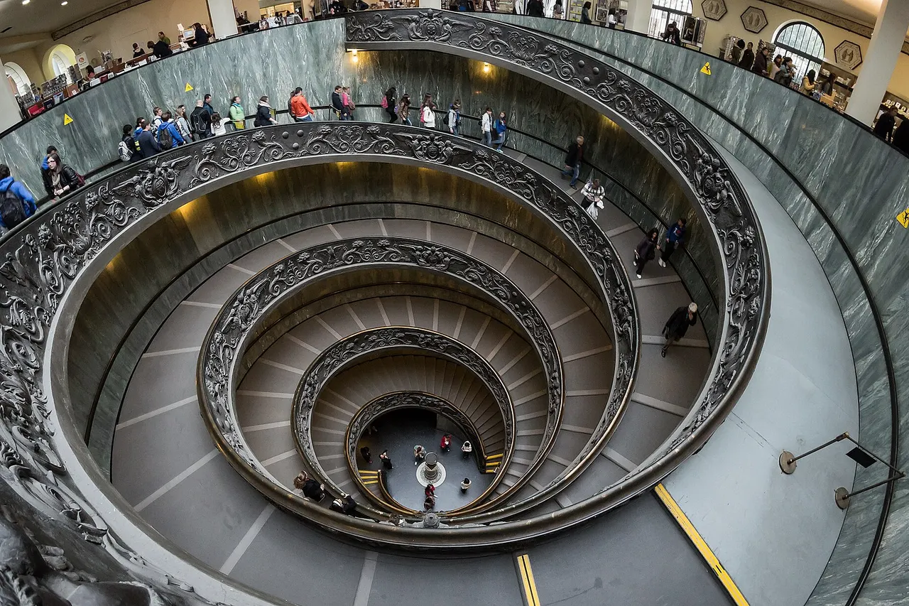 The double spiral staircase designed by Giuseppe Momo, sculpted by Antonio Maraini and realized by the Ferdinando Marinelli Artistic Foundry for the Vatican Museums 1932. This image was taken with a Samyang 8mm fisheye lens at f8, 0.25s, ISO 800.