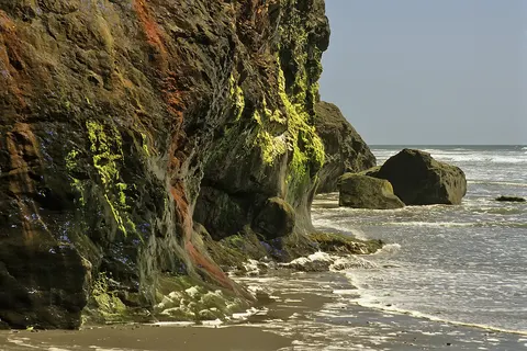 Rock face in Ruby Beach with hot springs in the Olympic National Park , Washington State , USA .