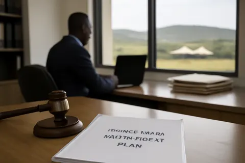 Quiet courthouse or legal-work setting with documents and civic architecture.