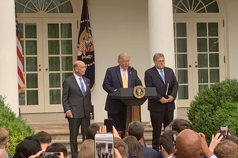 Donald Trump with Attorney General William Barr and Secretary of Commerce Wilbur Ross at Rose Garden