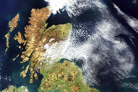 Satellite image of Great Britain and Northern Ireland in April 2002.