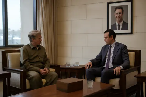 Grounded editorial scene illustrating On August 3, 2026, Iraqi Kurdish regional leader Barzani met with Syrian official al-Sharaa in Damascus to address the integration of the Syrian Democratic Forces and Kurdish rights in Syria after Assad's regime.