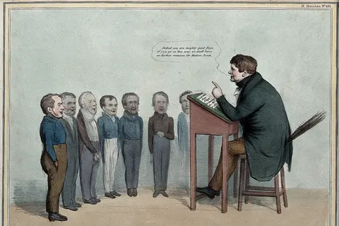 Daniel O'Connell sits at a lectern desk with a birch inscribed "repeal" teaching a row of school boys. Coloured lithograph by H.B. (John Doyle), 1836. Iconographic Collections Keywords: John Doyle