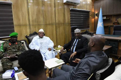 The Special Representative of the Chairperson of the African Union Commission (SRCC) for Somalia, Ambassador Mohamed El-Amine Souef and the ATMIS Force Commander, Lt. Gen. Sam Okiding in a meeting with the Speaker of the Federal Parliament of Somalia, Sheikh Adan Madobe at Villa Somalia in Mogadishu on 26 July 2023. During the meeting, Ambassador Souef briefed the Speaker of Parliament on the progress in implementing the ATMIS mandate. The Speaker of Parliament Sheikh Adan also briefed ATMIS officials on the federal parliament's oversight role and the progress made in passing laws for the country. ATMI Photo / Raymond Baguma